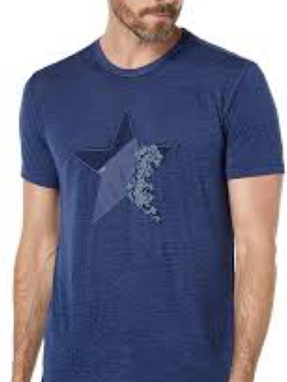John Varvatos Navy Short‑Sleeve Crew with Star patch.